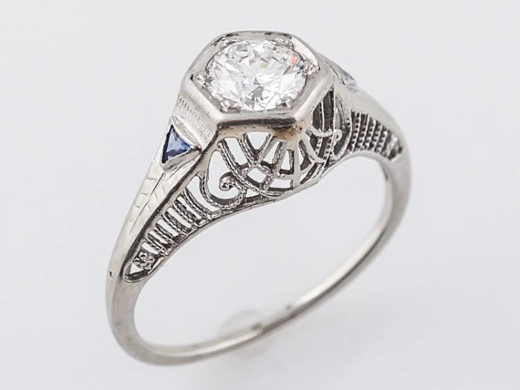 Antique Engagement Ring Art Deco .62 Round Brilliant Cut Diamond in 18k White Gold - Image 5