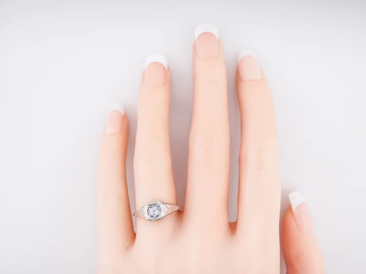 Antique Engagement Ring Art Deco .63 Round Cut Sapphire in 18k White Gold - Image 7