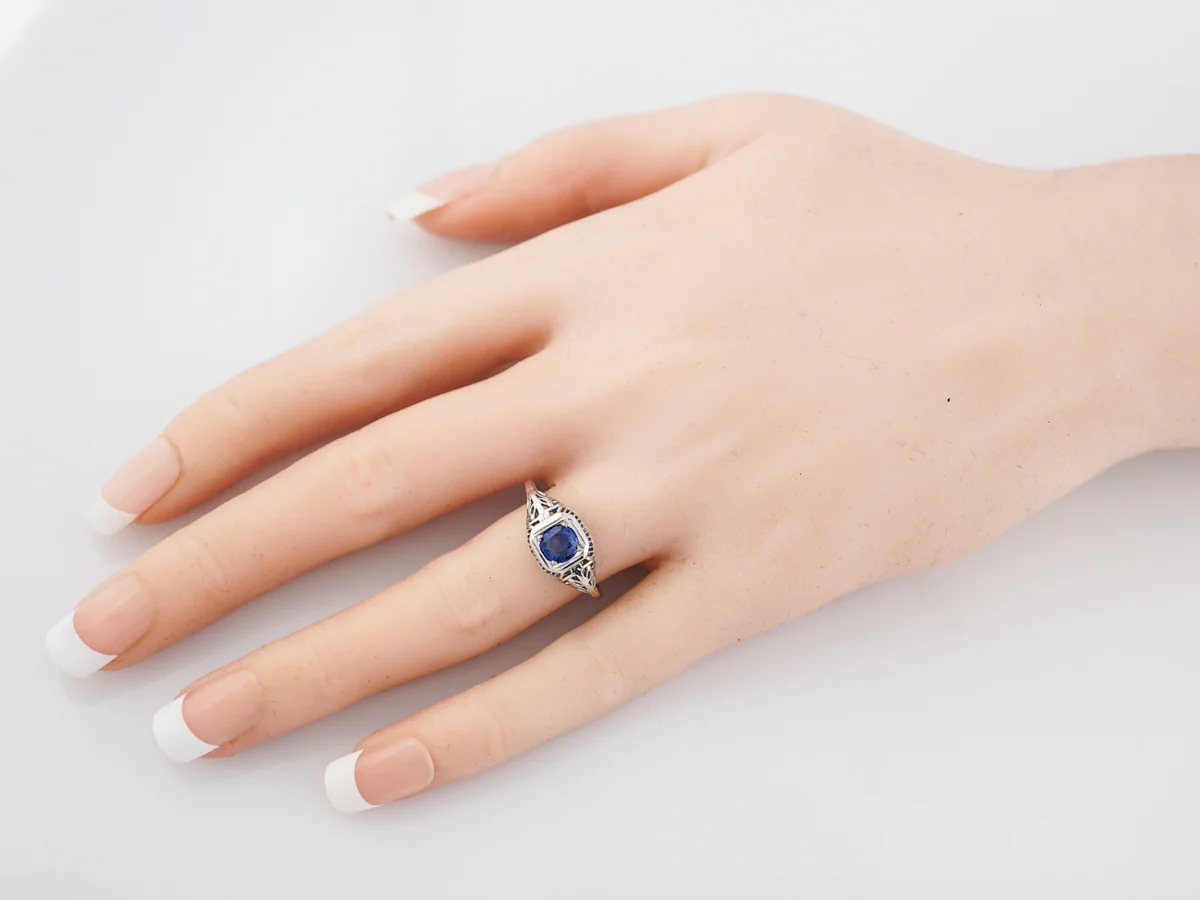 Antique Engagement Ring Art Deco .70 Round Cut Sapphire in 18K White Gold - Image 7