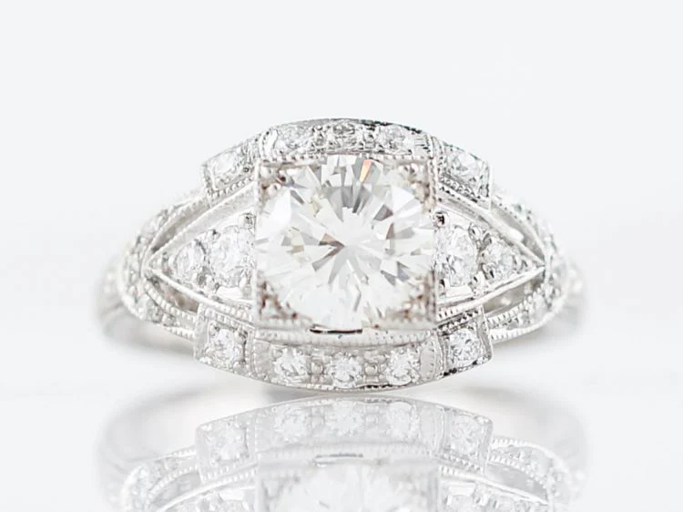 Antique Engagement Ring Art Deco .77 Round Brilliant Cut Diamond in 14k White Gold