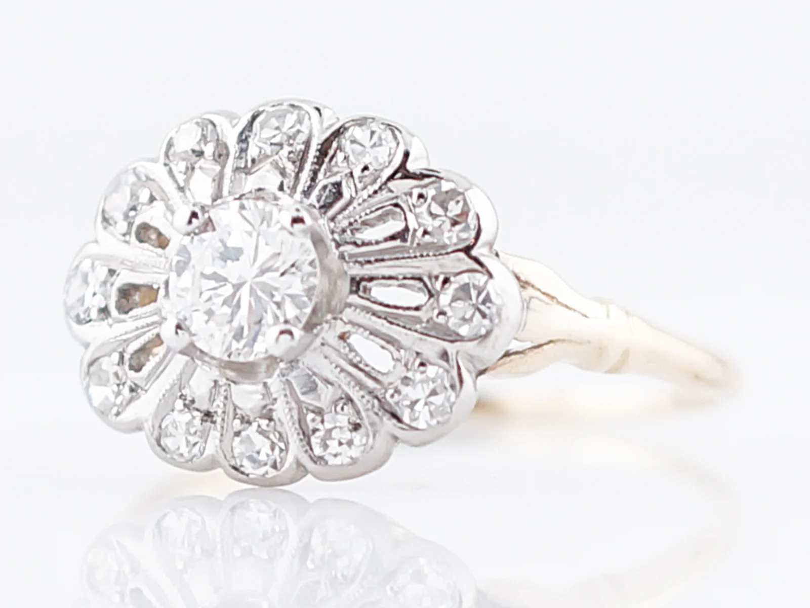 Antique Engagement Ring Retro .33 Round Brilliant Cut Diamond in 14k White & Yellow Gold - Image 2