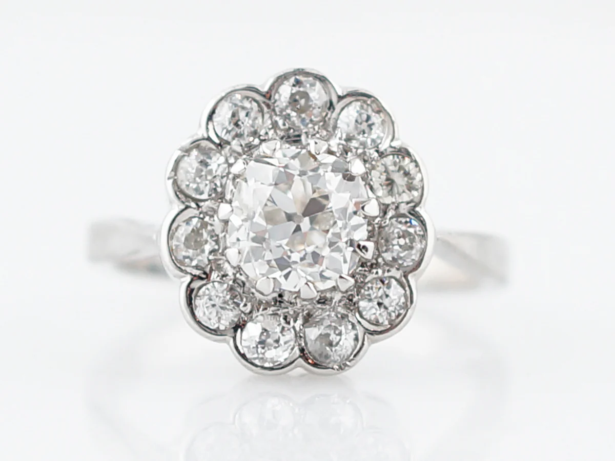 Antique Engagement Ring Victorian .87 Old Mine Cut Diamond in 14K White Gold