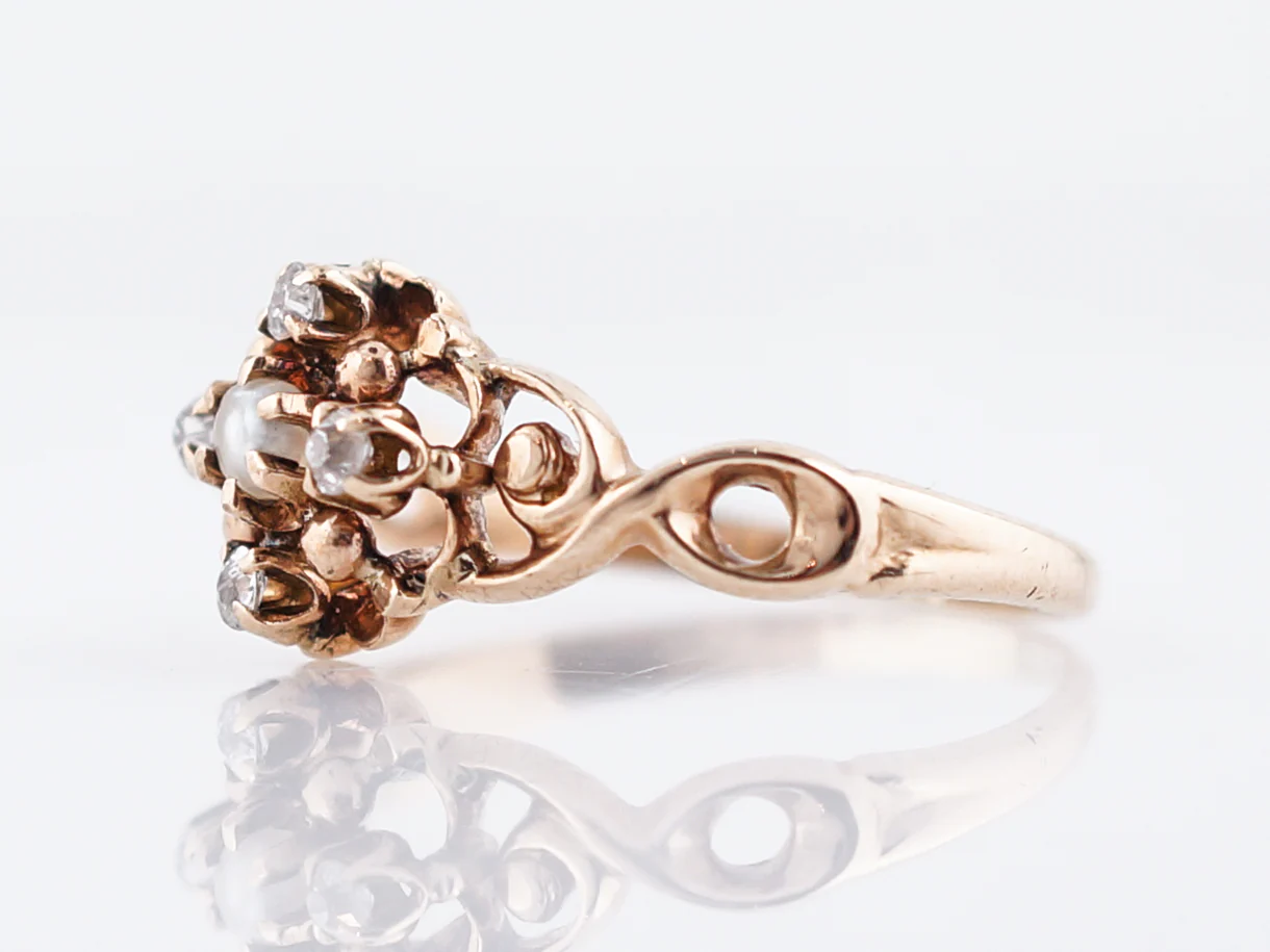 Antique Engagement Ring Victorian Pearl & .12 Old Mine Cut Diamonds in 14K Rose Gold - Image 2