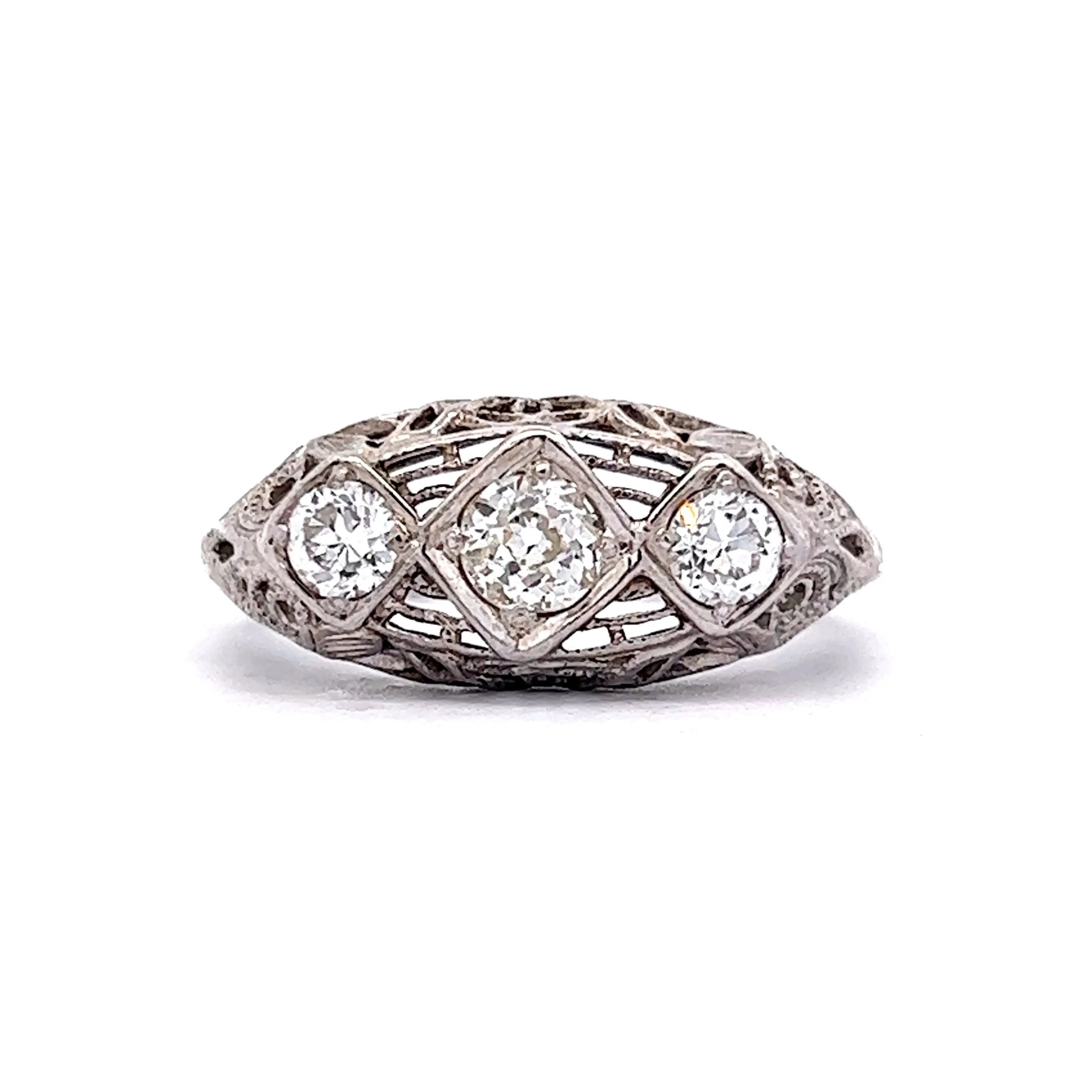 Antique Filigree Three Stone Engagement Ring in 18k White Gold