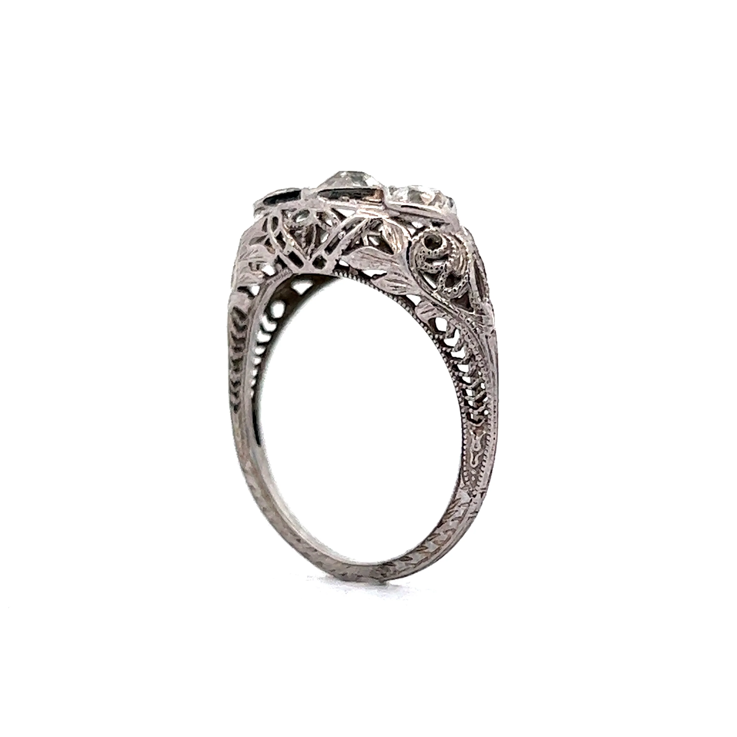 Antique Filigree Three Stone Engagement Ring in 18k White Gold - Image 5