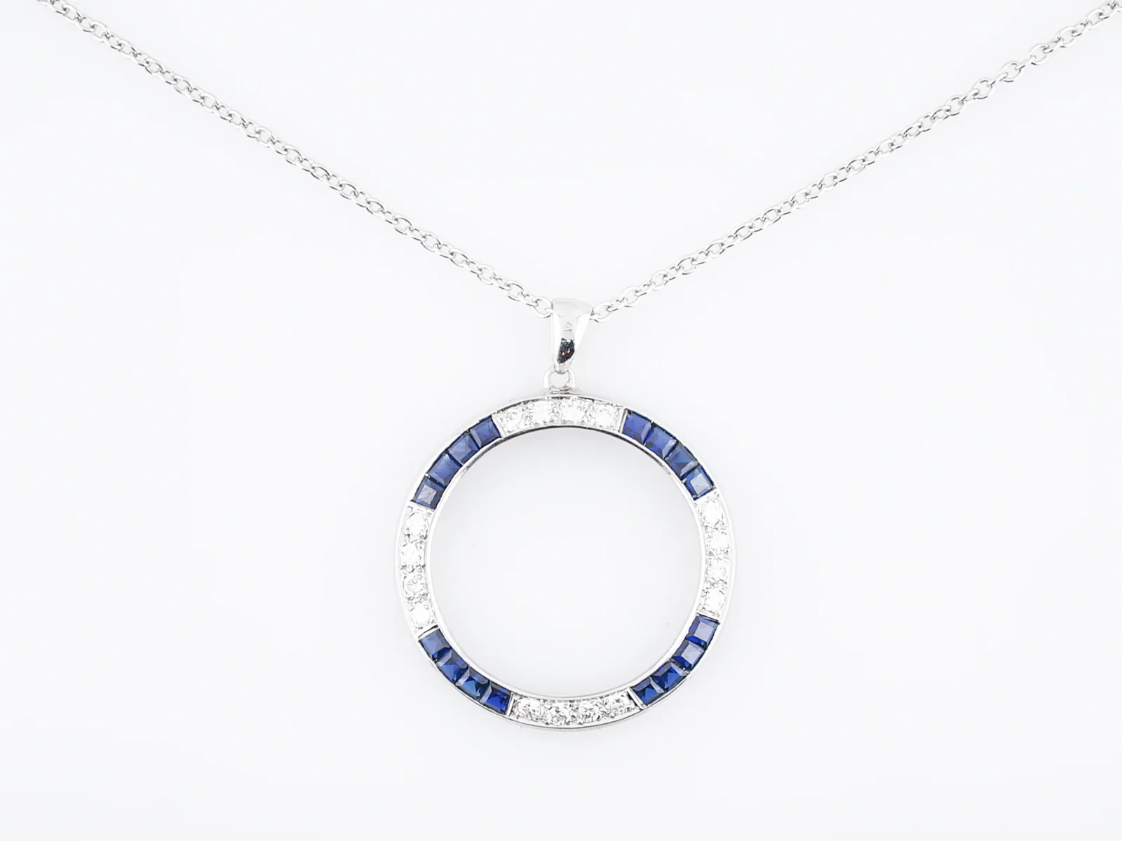 Antique Necklace Art Deco .48 Round Full Cut Diamonds & .96 Square Step Cut Sapphires in 18k White Gold