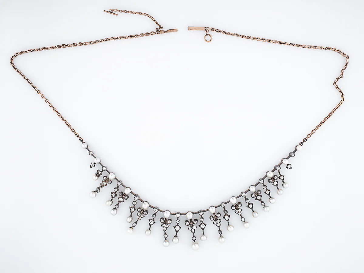 Antique Necklace Victorian 2.28 Single Cut Diamonds & Pearl in Sterling Silver & 14K Yellow Gold - Image 2