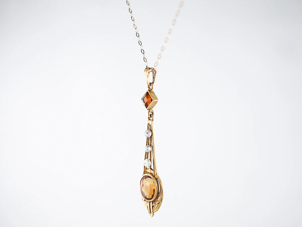 Antique Necklace Victorian .75 Oval Cut Citrine & Seed Pearls in 14K Yellow Gold - Image 2