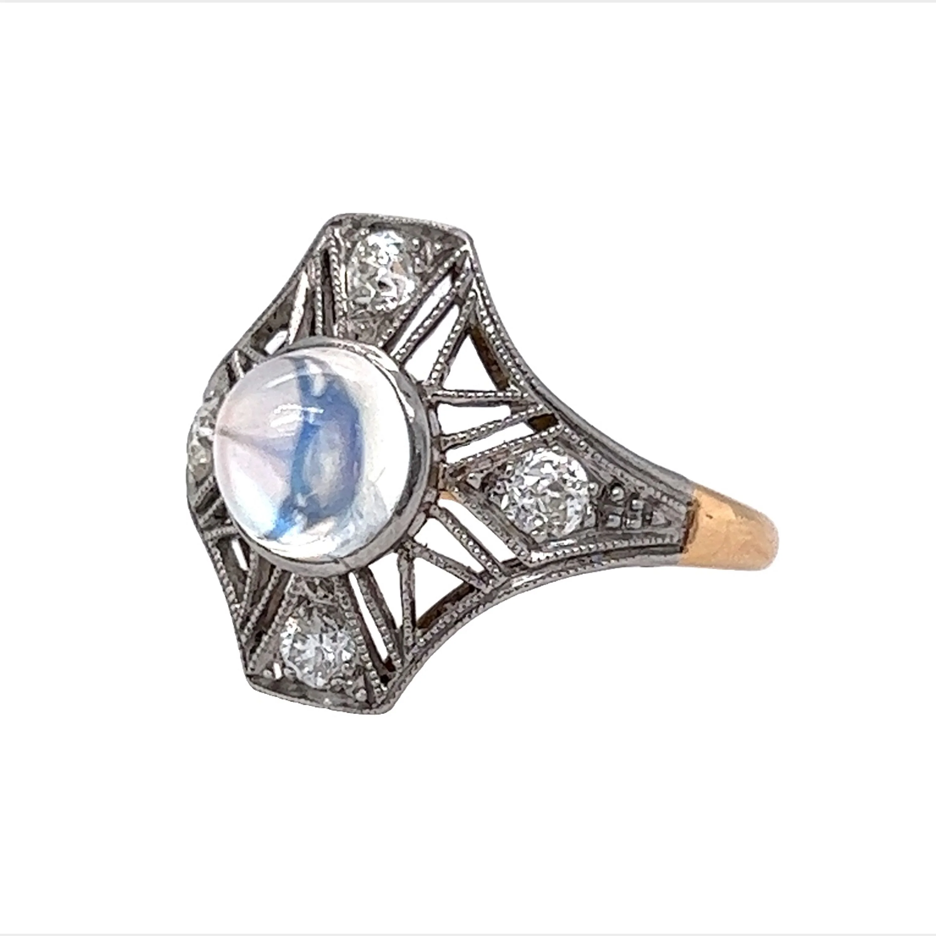 Antique Right Hand Ring Art Deco Moonstone in Platinum & 14k Yellow Gold - Image 2