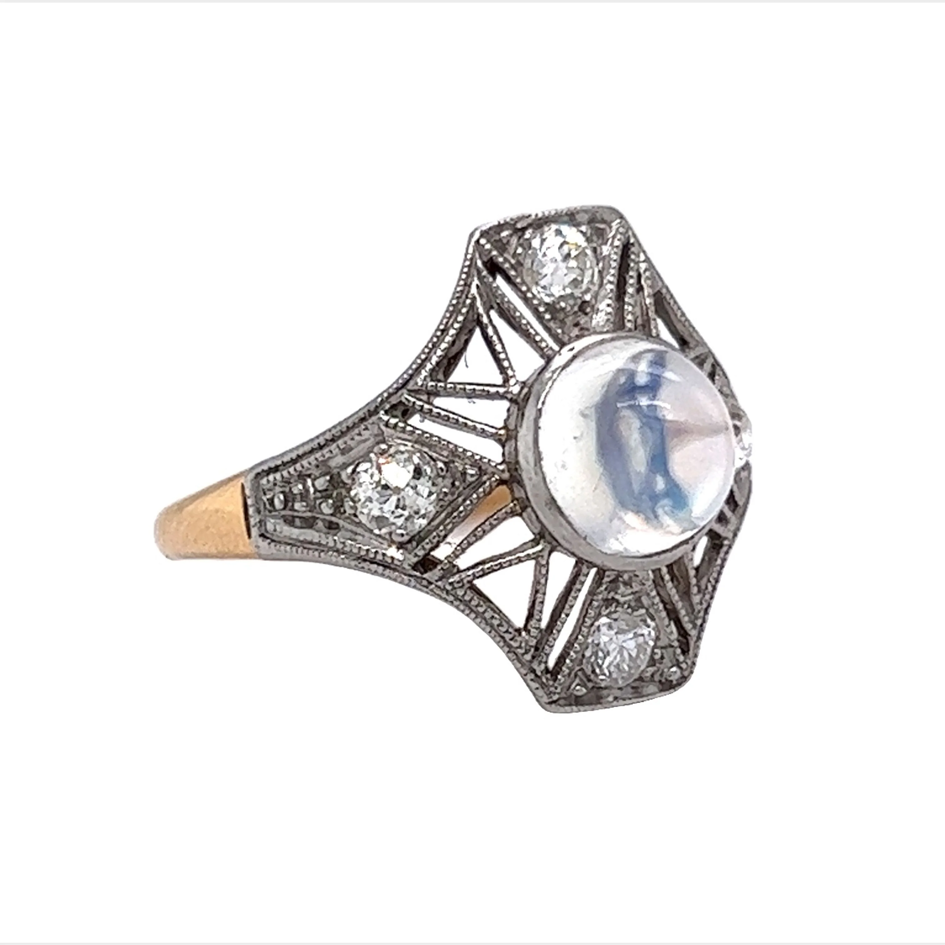 Antique Right Hand Ring Art Deco Moonstone in Platinum & 14k Yellow Gold - Image 3