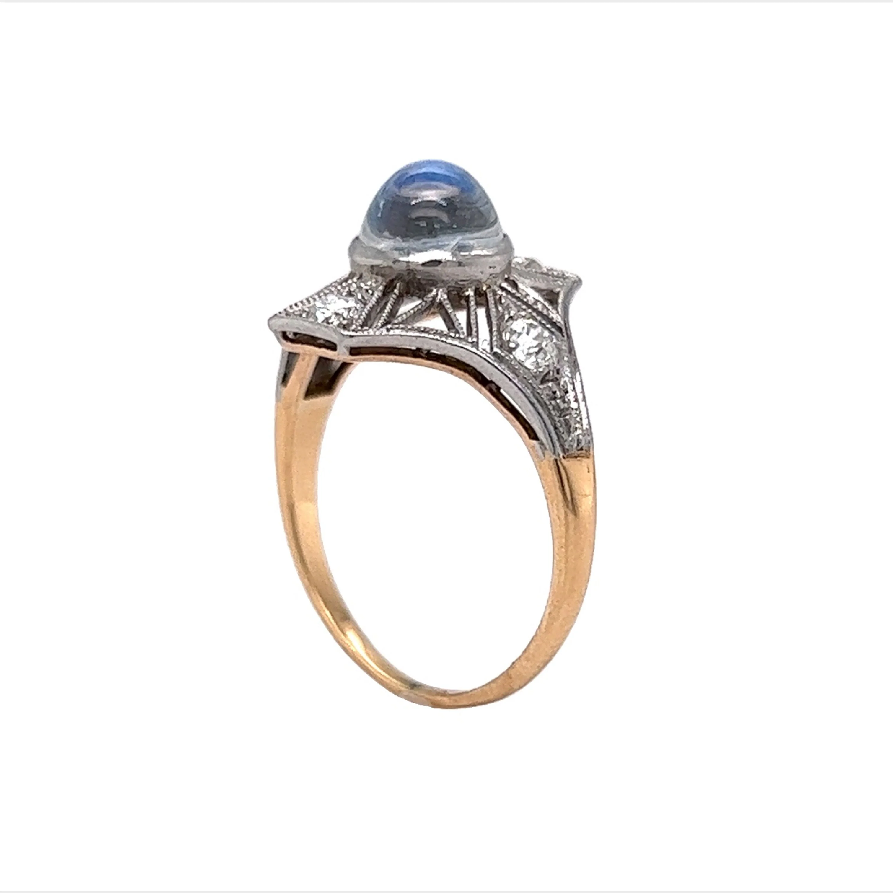 Antique Right Hand Ring Art Deco Moonstone in Platinum & 14k Yellow Gold - Image 5