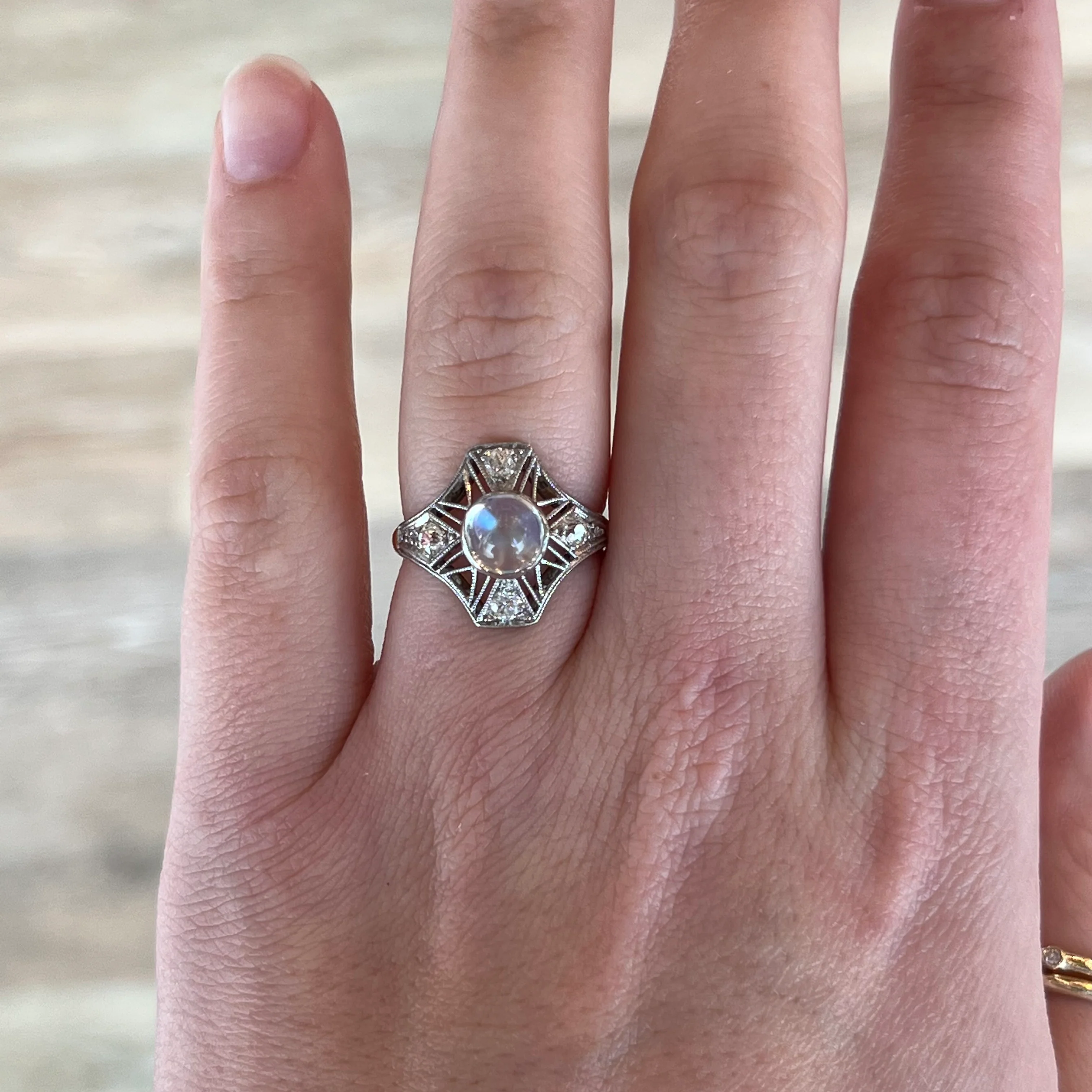 Antique Right Hand Ring Art Deco Moonstone in Platinum & 14k Yellow Gold - Image 6
