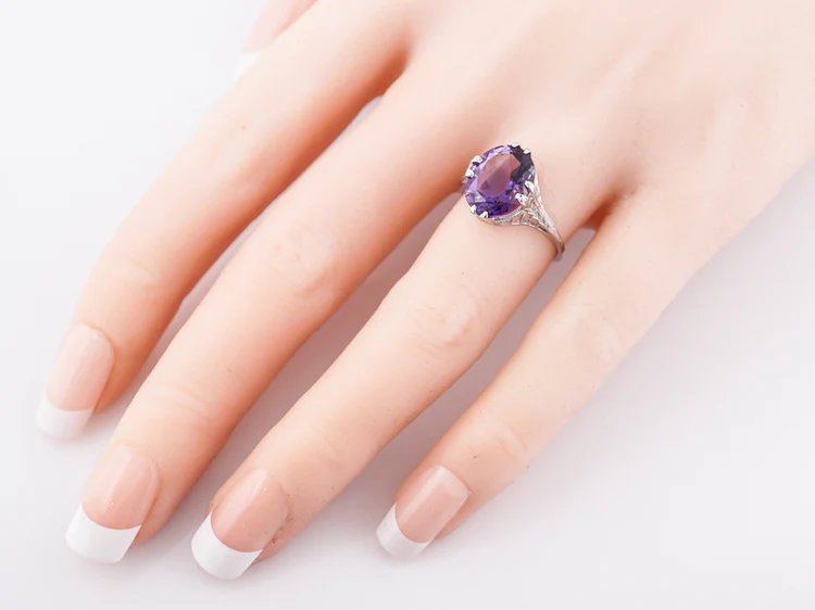 Antique Right Hand Ring Art Deco 3.25 Oval Cut Amethyst in 18k White Gold - Image 6