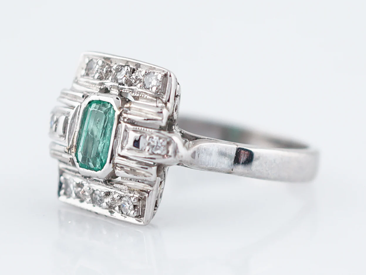 Antique Right Hand Ring Art Deco .32 Emerald Cut Emerald in 14k White Gold - Image 2