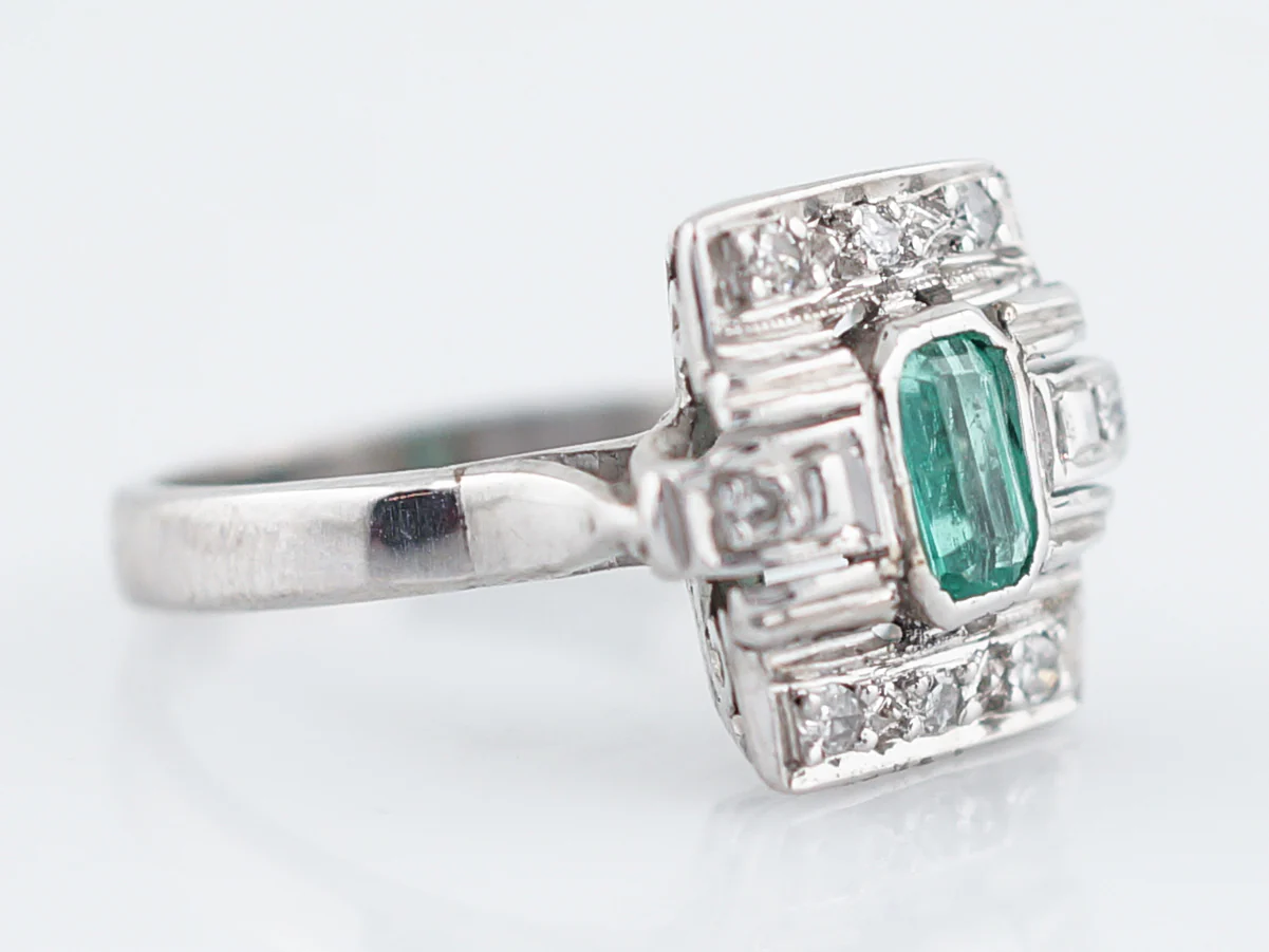 Antique Right Hand Ring Art Deco .32 Emerald Cut Emerald in 14k White Gold - Image 3