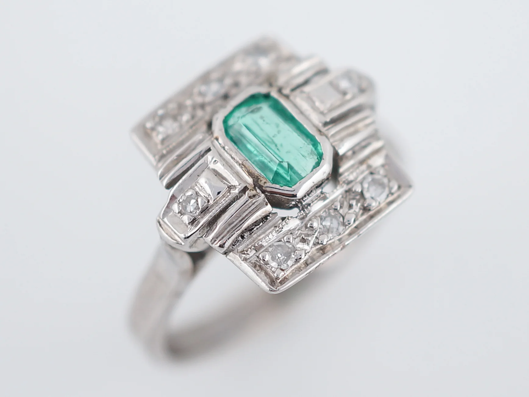 Antique Right Hand Ring Art Deco .32 Emerald Cut Emerald in 14k White Gold - Image 4