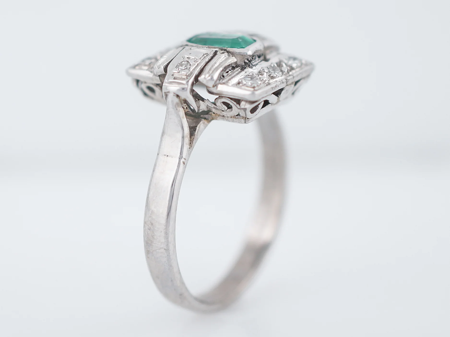 Antique Right Hand Ring Art Deco .32 Emerald Cut Emerald in 14k White Gold - Image 5