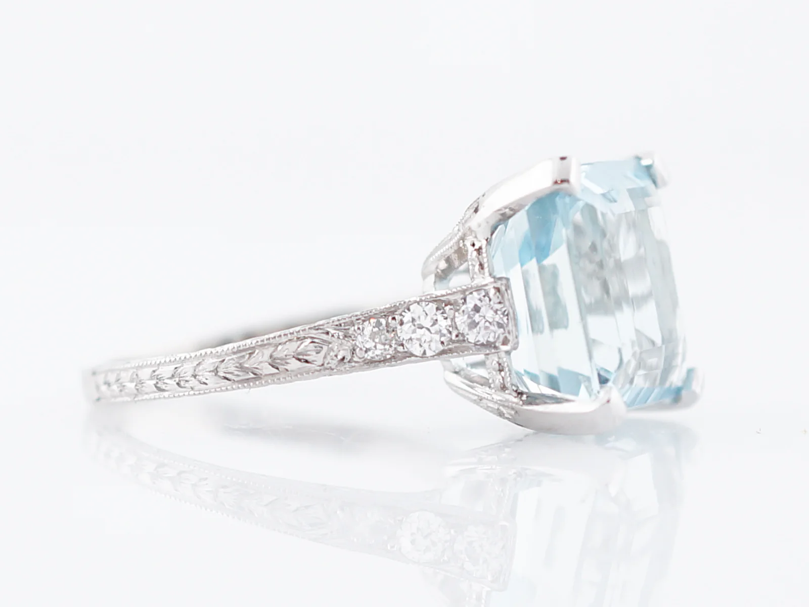 Antique Right Hand Ring Art Deco 5.04 Square Step Cut Aquamarine & Diamonds in Platinum - Image 3