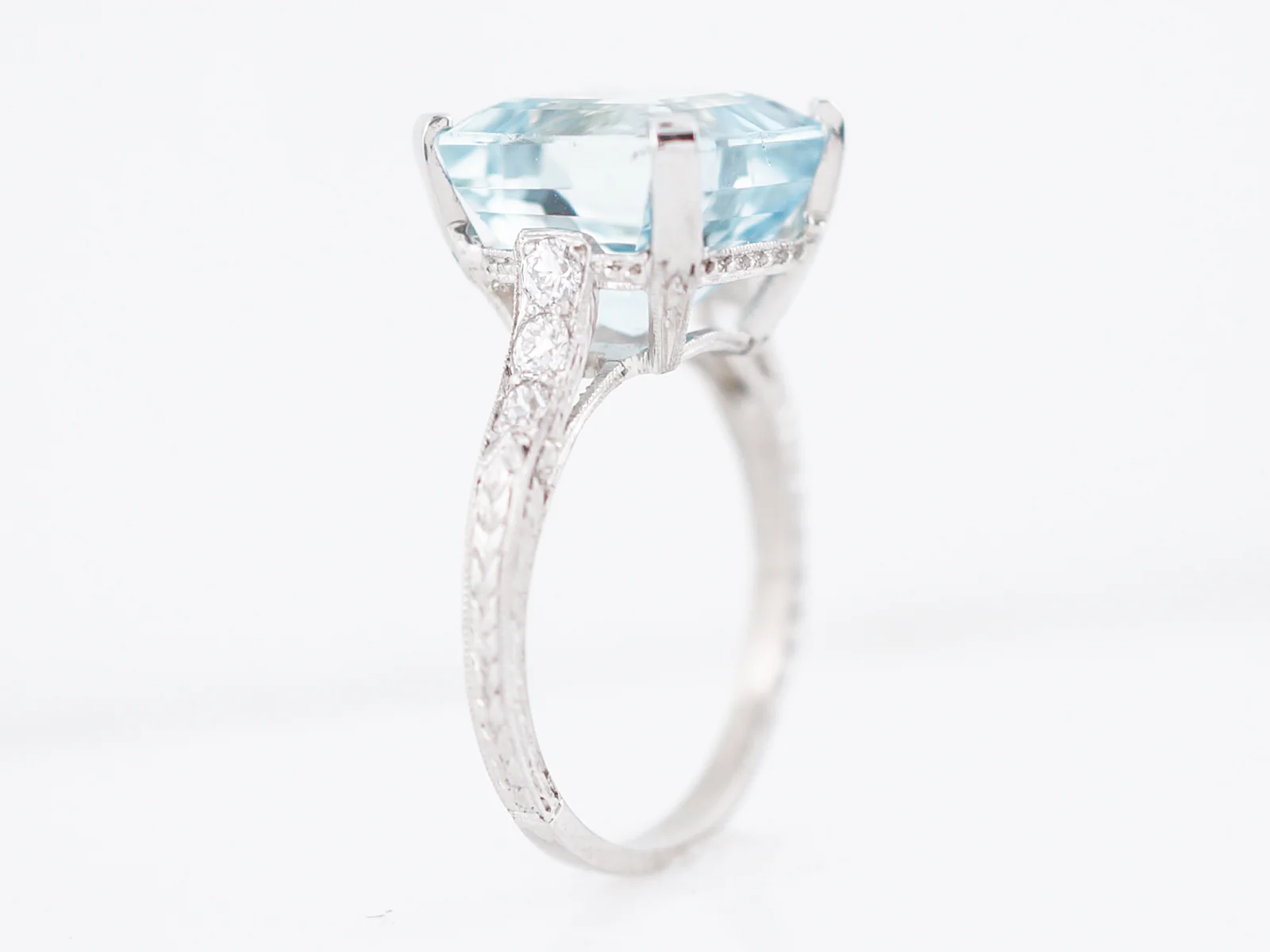 Antique Right Hand Ring Art Deco 5.04 Square Step Cut Aquamarine & Diamonds in Platinum - Image 5