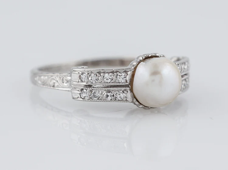 Antique Right Hand Ring Art Deco Pearl & .24 Single Cut Diamonds in Platinum - Image 2