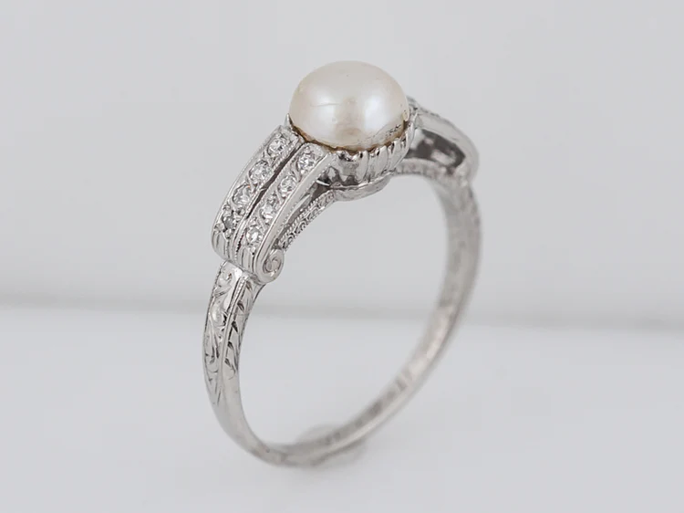 Antique Right Hand Ring Art Deco Pearl & .24 Single Cut Diamonds in Platinum - Image 5