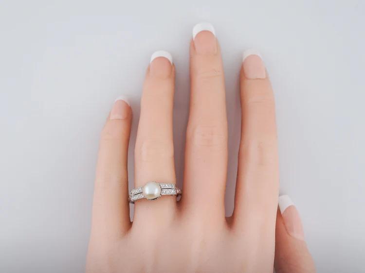 Antique Right Hand Ring Art Deco Pearl & .24 Single Cut Diamonds in Platinum - Image 7