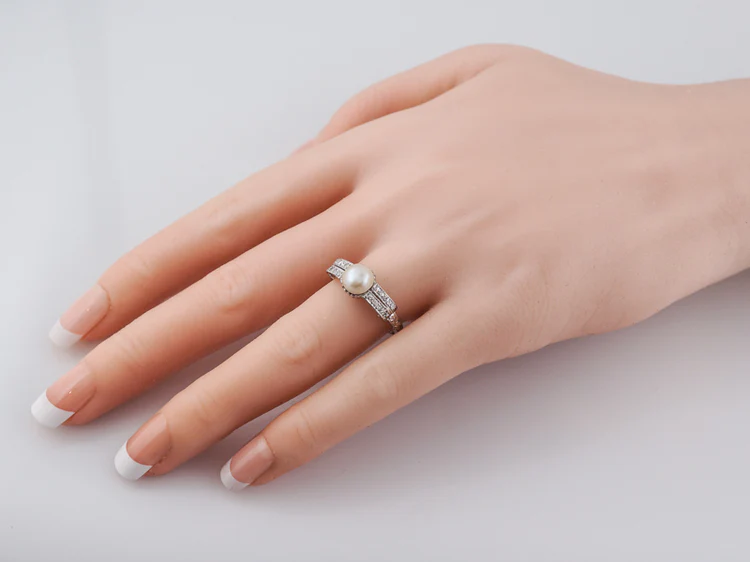 Antique Right Hand Ring Art Deco Pearl & .24 Single Cut Diamonds in Platinum - Image 9