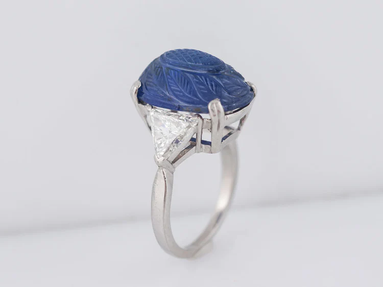 Antique Right Hand Ring Art Deco/Mid Century 11.12ct No Heat Cabochon Cut Sapphire in Platinum - Image 4