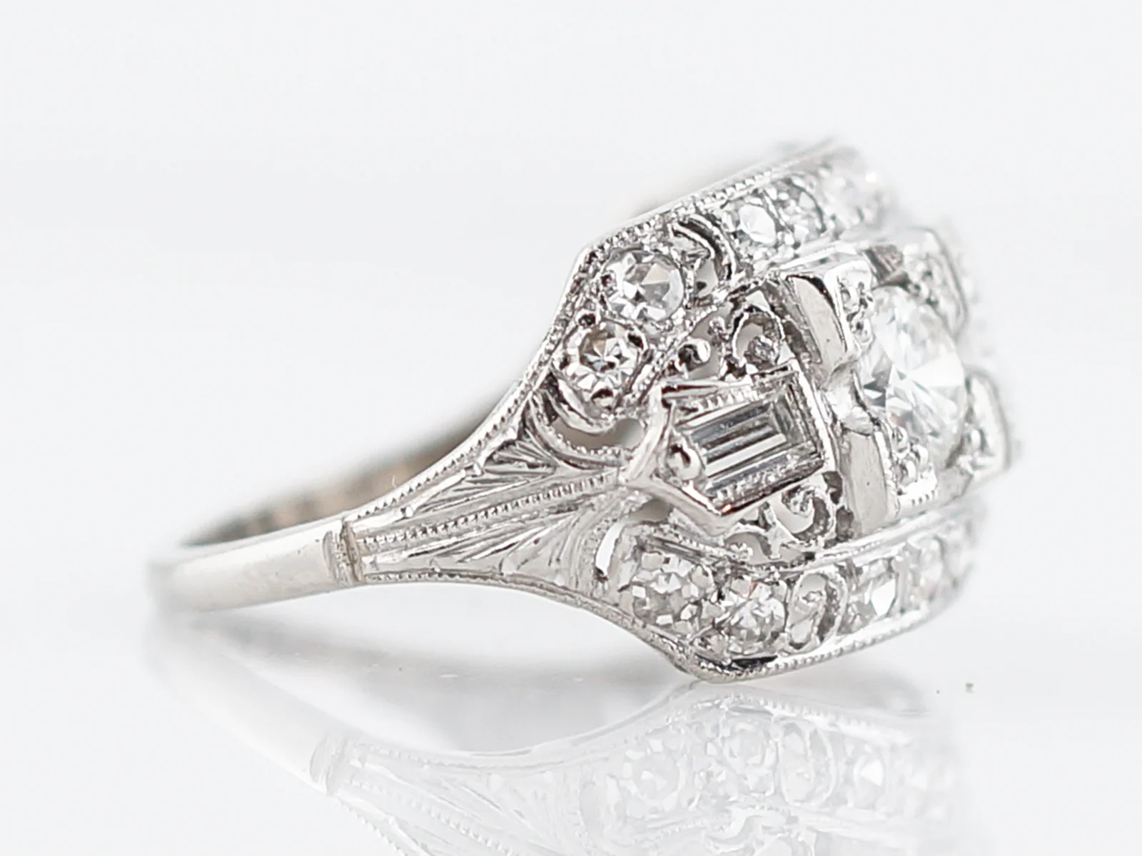 Antique Right Hand Ring Art Deco .48 Round Brilliant Cut Diamond in Platinum - Image 3
