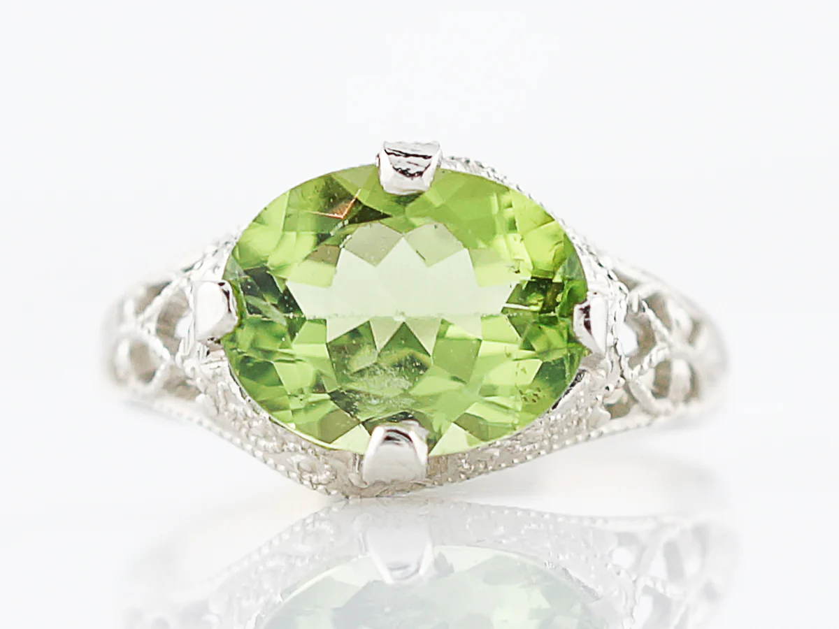 Antique Right Hand Ring Edwardian 2.20 Oval Cut Peridot in 14K White Gold - Image 2