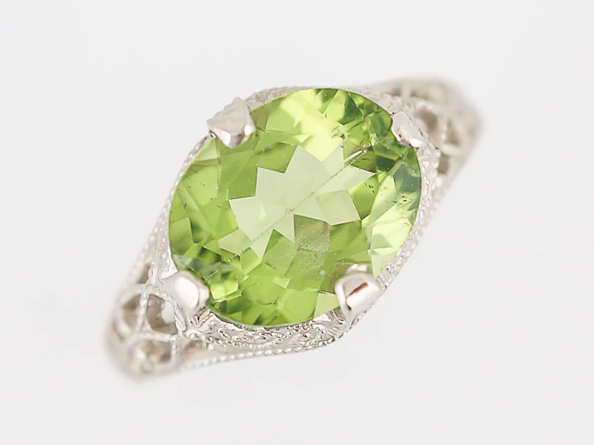 Antique Right Hand Ring Edwardian 2.20 Oval Cut Peridot in 14K White Gold - Image 5