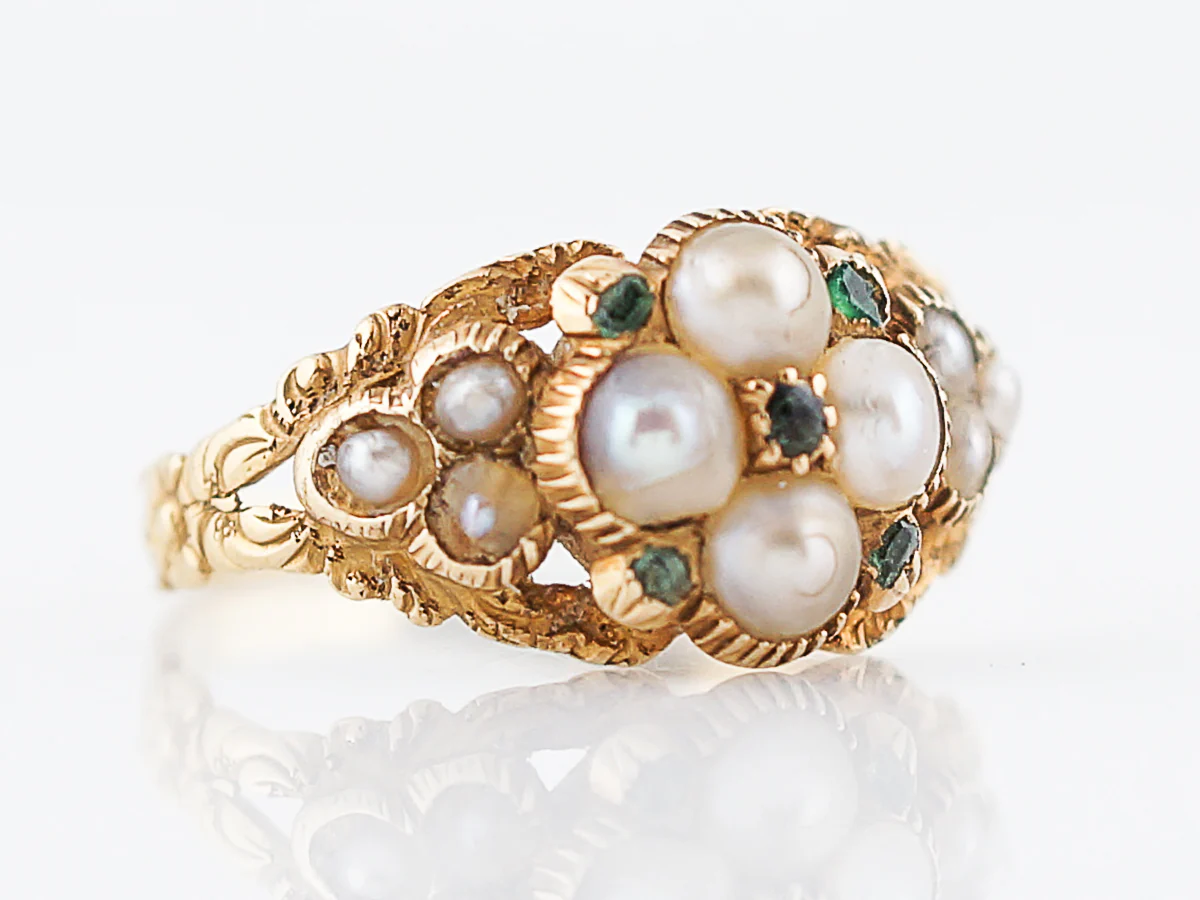Antique Right Hand Ring Georgian Pearl & .10 Round Cut Emeralds 14k Yellow Gold Memorial Ring - Image 3