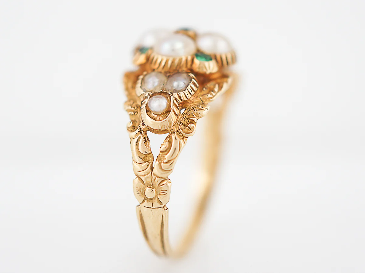 Antique Right Hand Ring Georgian Pearl & .10 Round Cut Emeralds 14k Yellow Gold Memorial Ring - Image 4