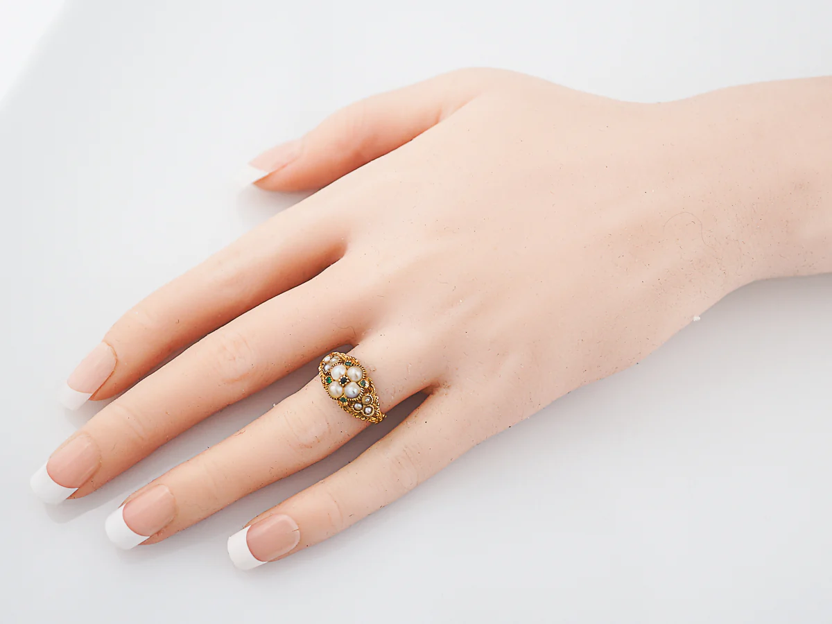 Antique Right Hand Ring Georgian Pearl & .10 Round Cut Emeralds 14k Yellow Gold Memorial Ring - Image 7