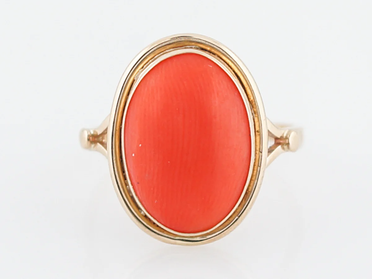 Antique Right Hand Ring Victorian 2.96 Cabochon Cut Coral in 14K Yellow Gold