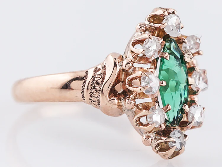 Antique Right Hand Ring Victorian .30 Marquis Cut Synthetic Emerald in 10k Rose Gold - Image 2