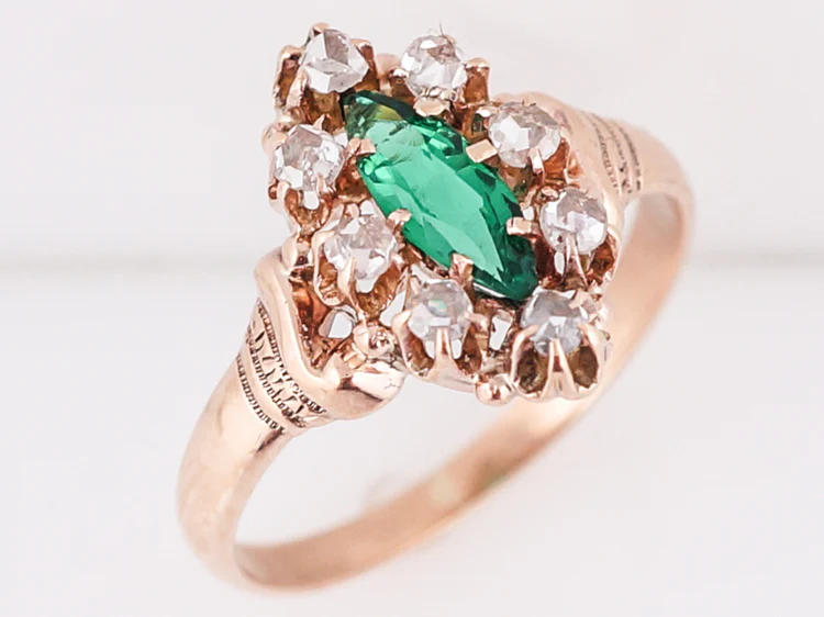 Antique Right Hand Ring Victorian .30 Marquis Cut Synthetic Emerald in 10k Rose Gold - Image 4