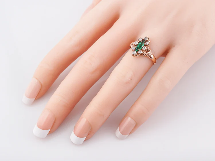 Antique Right Hand Ring Victorian .30 Marquis Cut Synthetic Emerald in 10k Rose Gold - Image 6