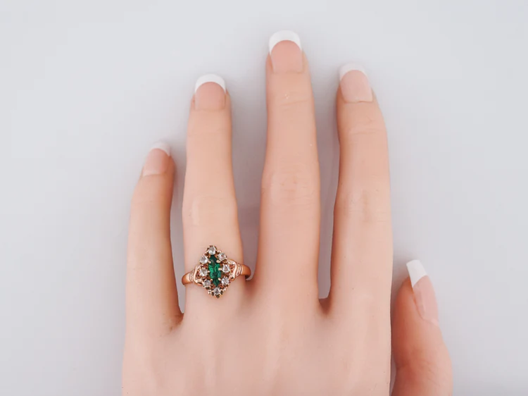 Antique Right Hand Ring Victorian .30 Marquis Cut Synthetic Emerald in 10k Rose Gold - Image 7