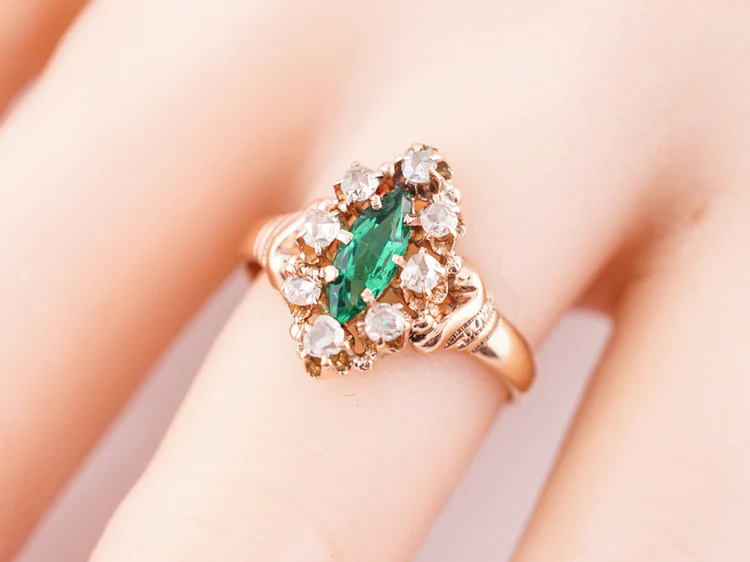 Antique Right Hand Ring Victorian .30 Marquis Cut Synthetic Emerald in 10k Rose Gold - Image 8