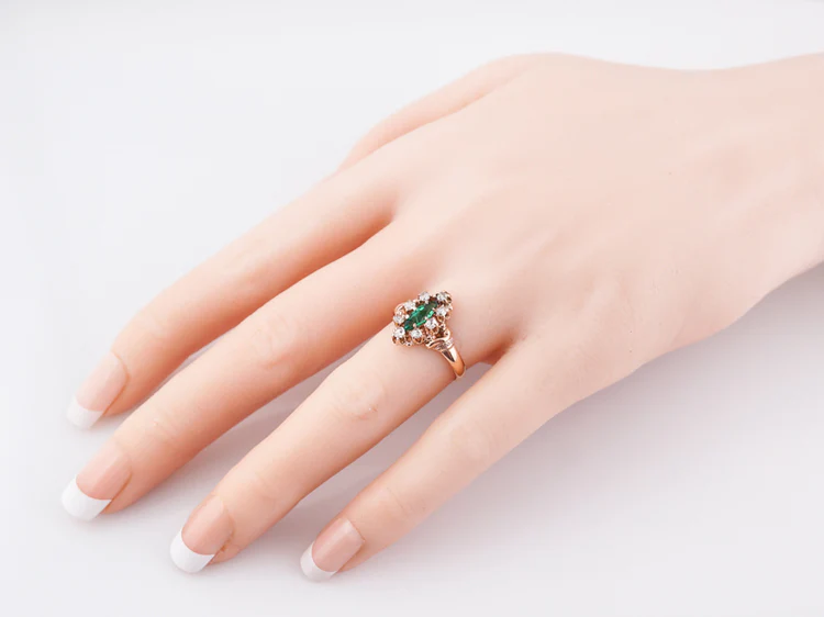 Antique Right Hand Ring Victorian .30 Marquis Cut Synthetic Emerald in 10k Rose Gold - Image 9