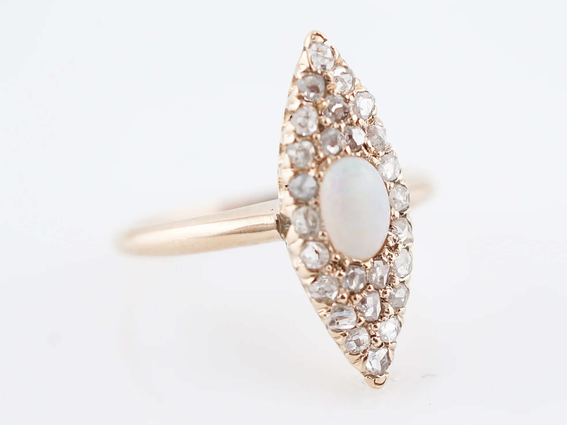 Antique Right Hand Ring Victorian .31 Cabochon Cut Opal & .26 Rose Cut Diamonds in 14k Yellow Gold - Image 4