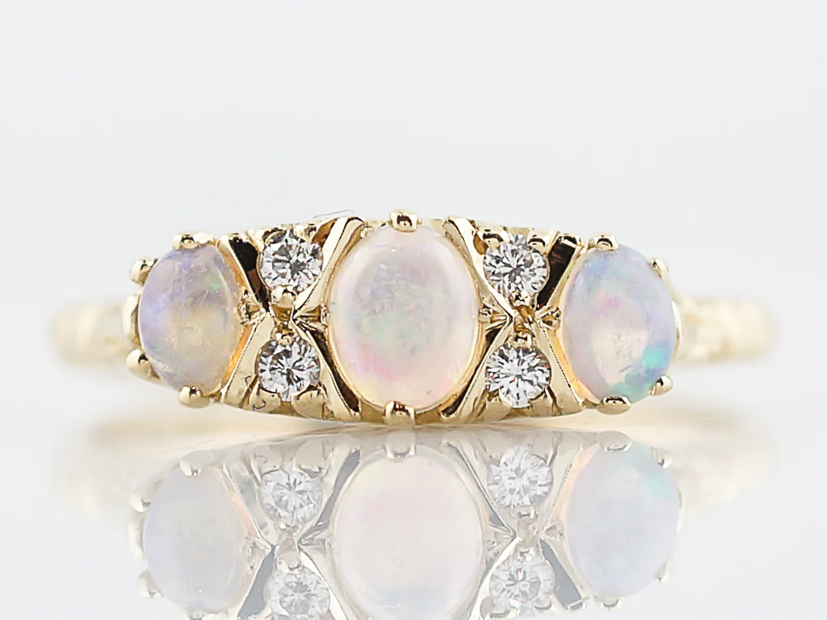 Antique Right Hand Ring Victorian .35 Oval Cabochon Cut Opal & .04 Round Brilliant Cut Diamonds in 18k Yellow Gold