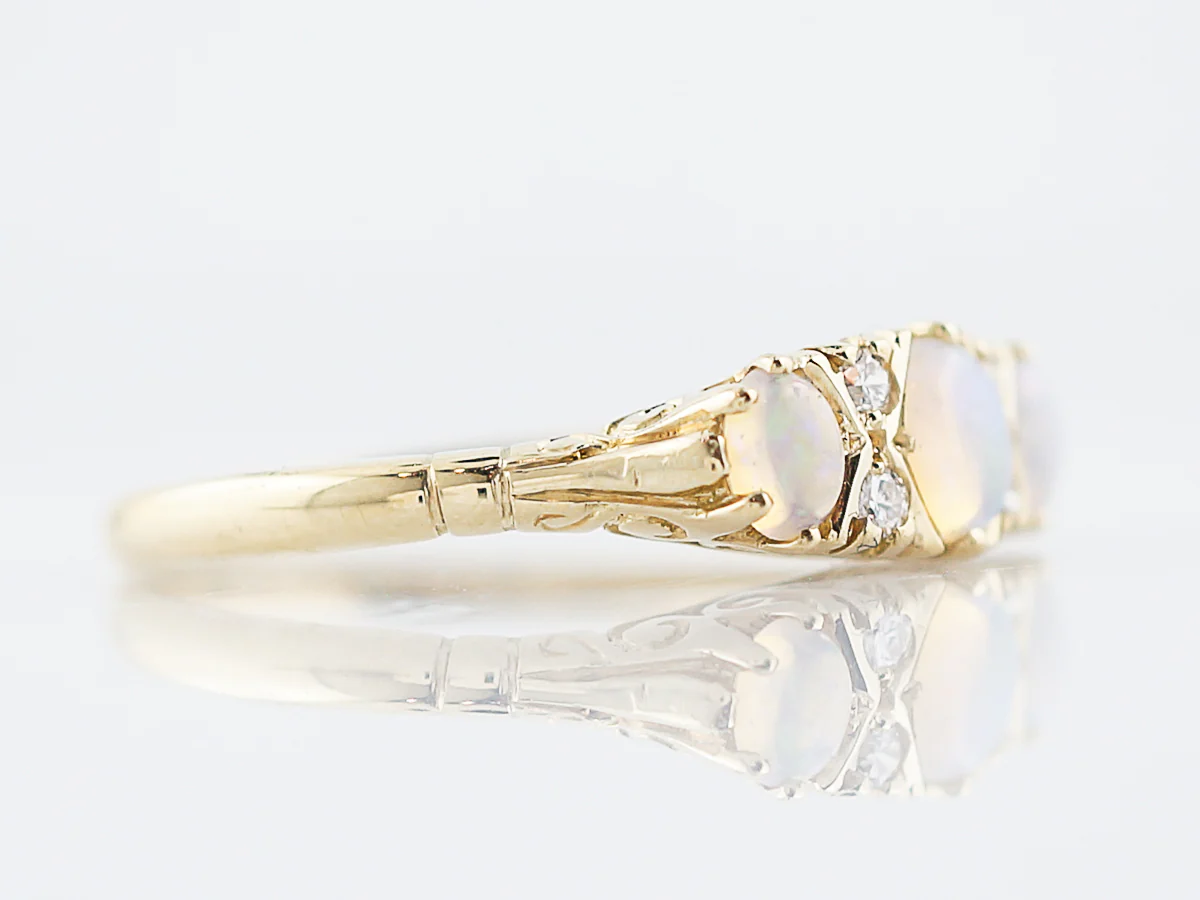 Antique Right Hand Ring Victorian .35 Oval Cabochon Cut Opal & .04 Round Brilliant Cut Diamonds in 18k Yellow Gold - Image 3