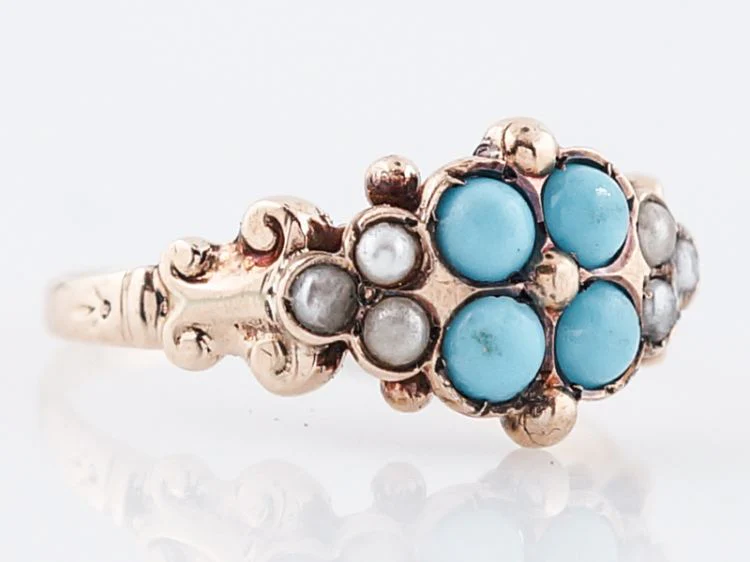 Antique Right Hand Ring Victorian .36 Cabochon Cut Turquoise & Seed Pearls in 14k Yellow Gold - Image 2