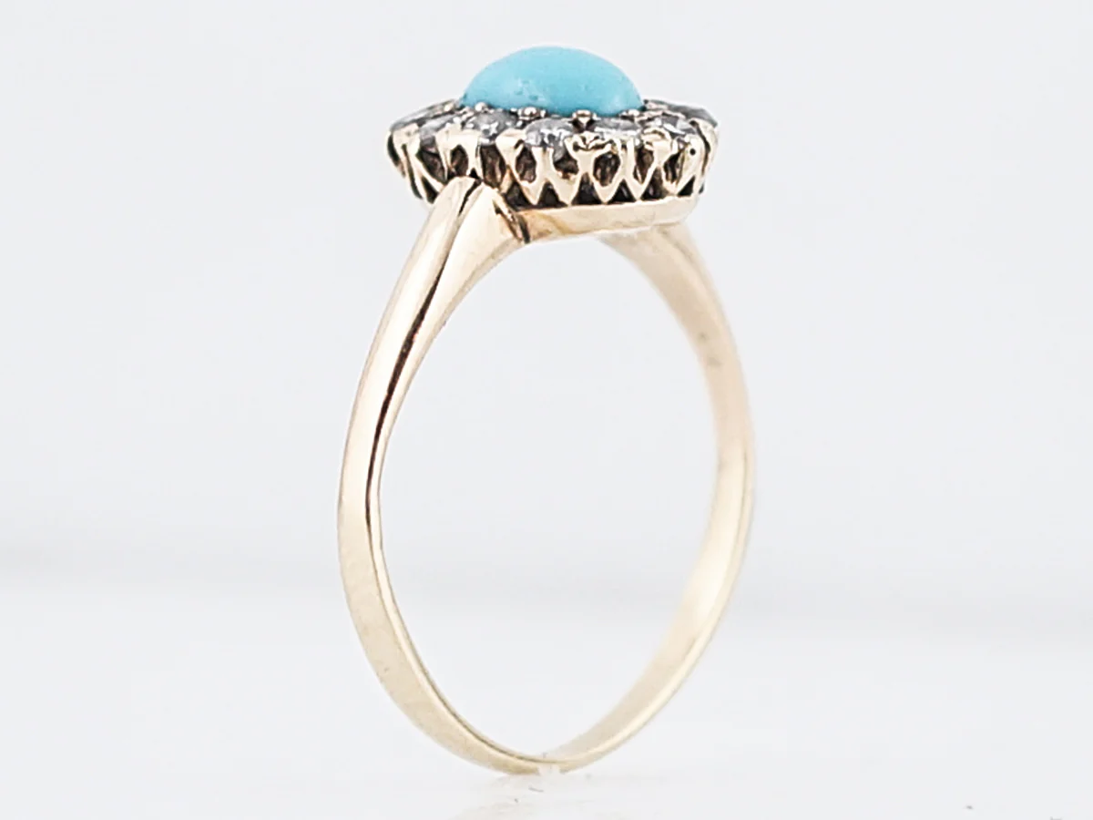Antique Right Hand Ring Victorian .50 Cabochon Cut Turquoise & .42 Old Mine Cut Diamonds in 14k Yellow Gold - Image 5
