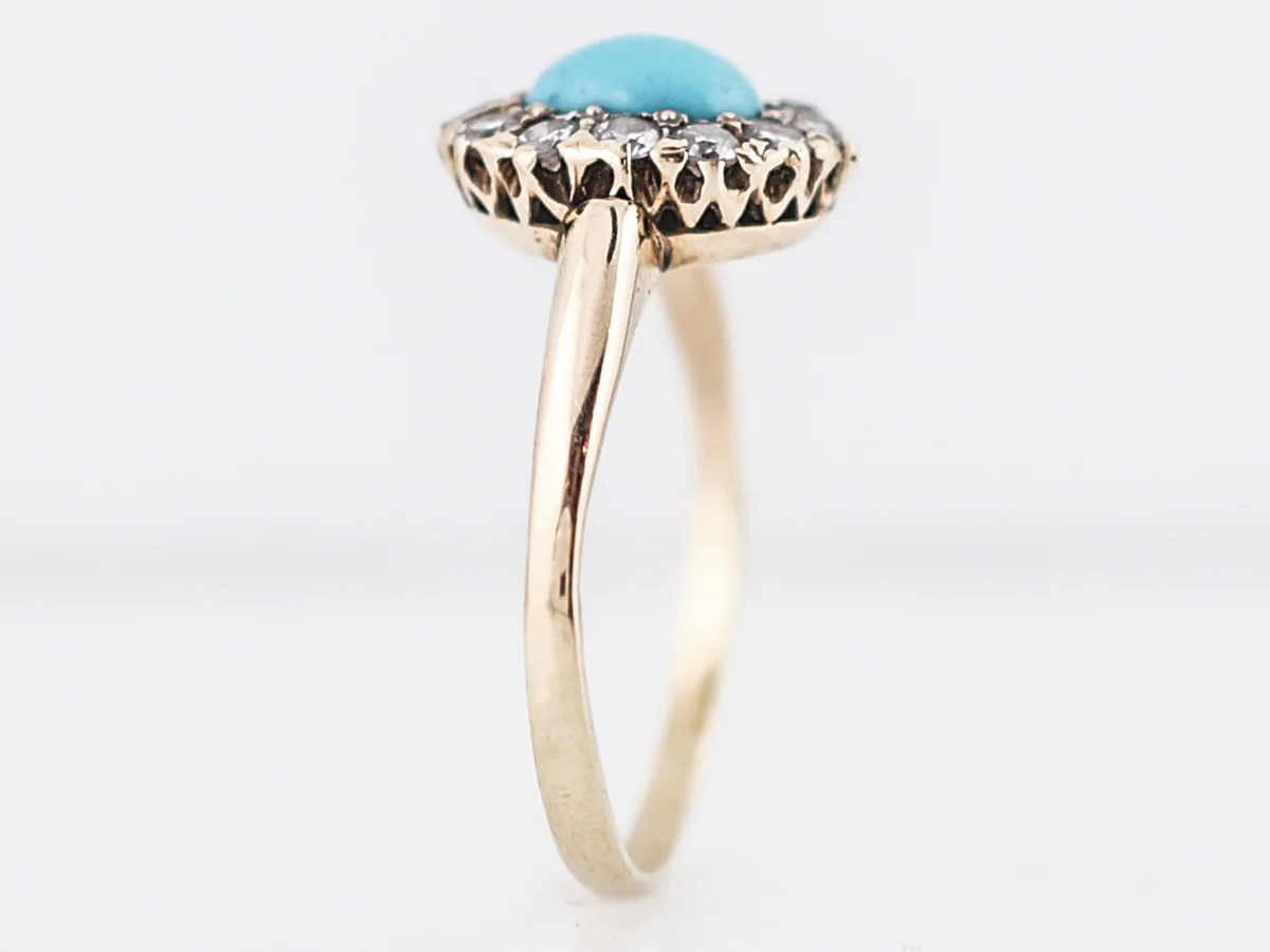 Antique Right Hand Ring Victorian .50 Cabochon Cut Turquoise & .42 Old Mine Cut Diamonds in 14k Yellow Gold - Image 6