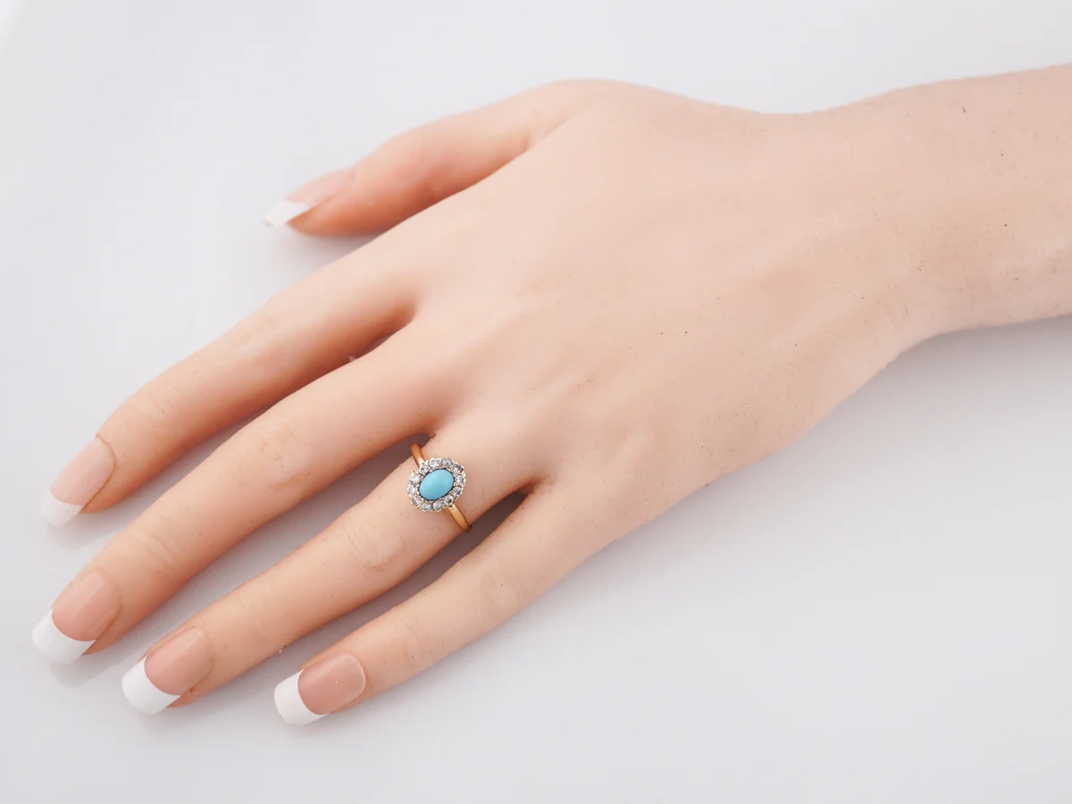 Antique Right Hand Ring Victorian .50 Cabochon Cut Turquoise & .42 Old Mine Cut Diamonds in 14k Yellow Gold - Image 8