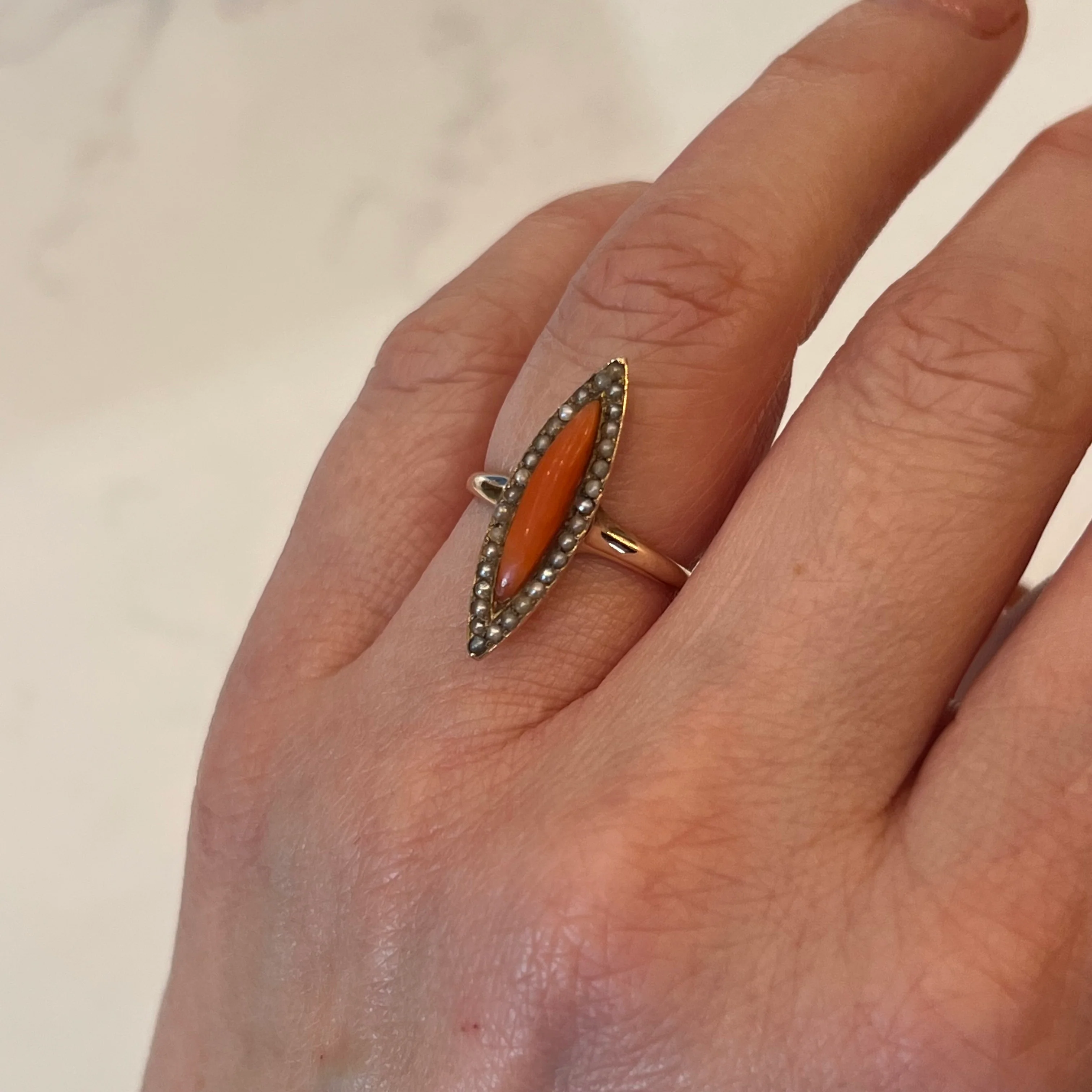 Antique Right Hand Ring Victorian Coral & Pearls in 14k Yellow Gold - Image 6