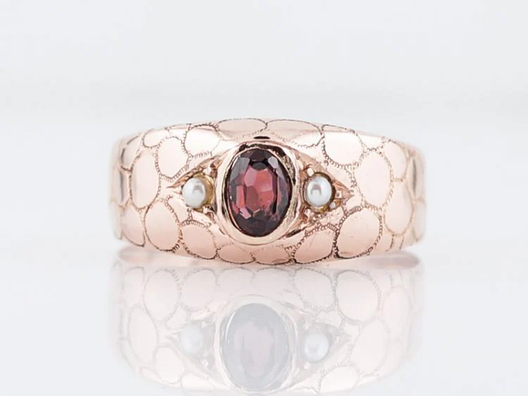 Antique Right Hand Snake Ring Victorian .24 Oval Cut Garnet & Pearl in 14k Rose Gold